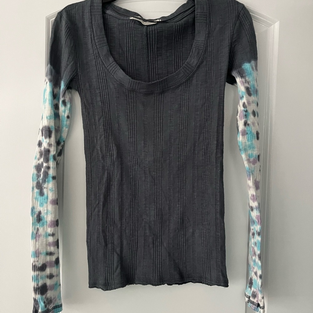 We The Free Blue Denim colored Top with Colorful Sleeves